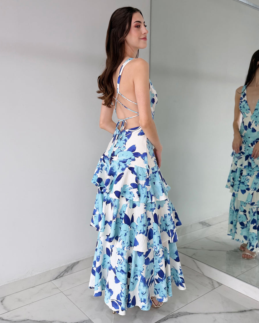 Blue Print Open Back Maxi Dress