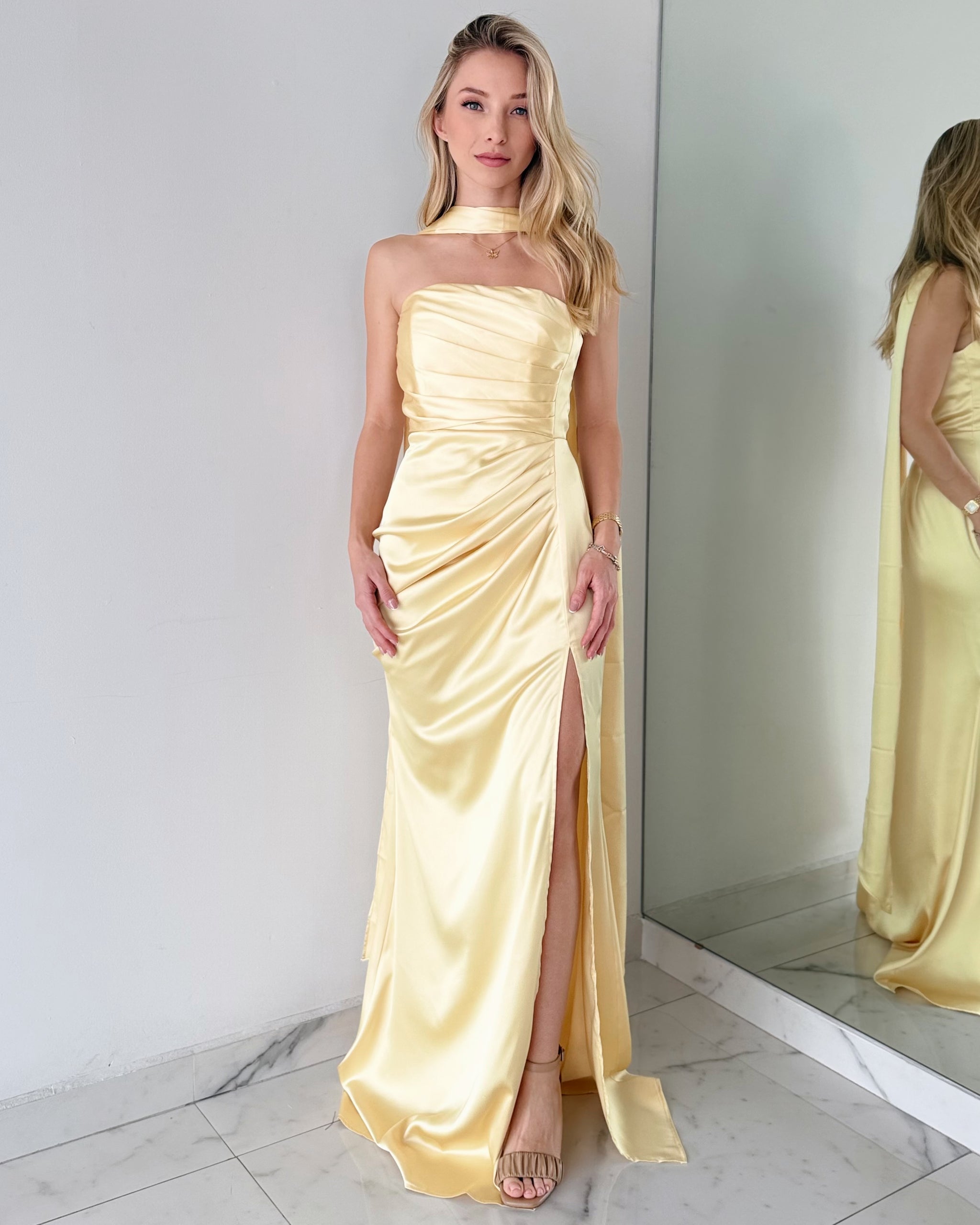 Yellow Strapless Choker Gown Dress