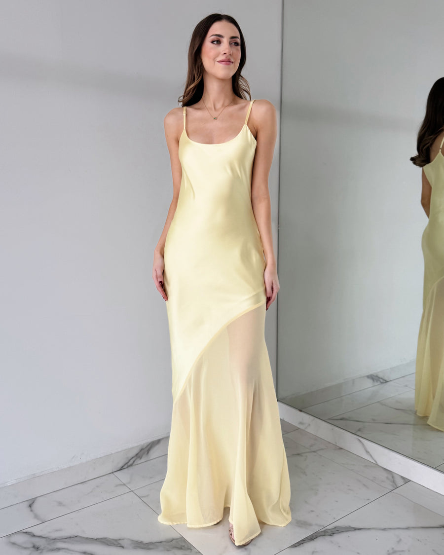 VID51689 Yellow Silk Strap Gown Dress