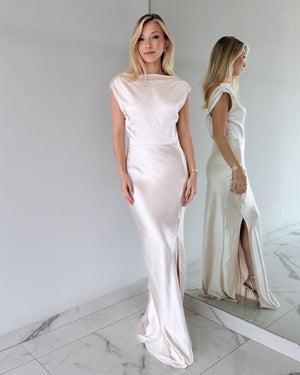 Champagne Silk Open Leg Maxi Dress