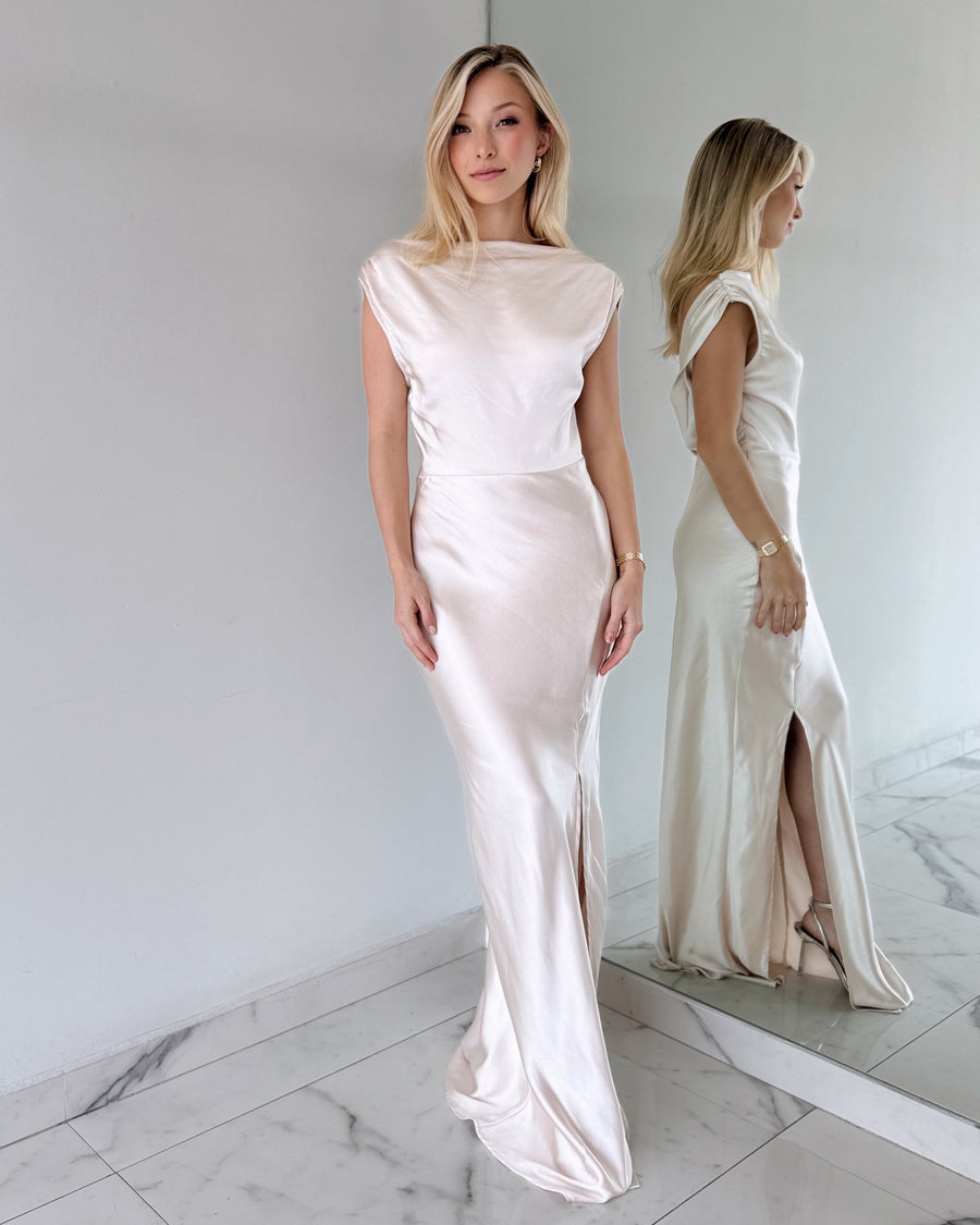 Champagne Silk Open Leg Maxi Dress