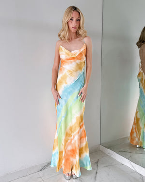 Yellow Print Open Back Maxi Dress
