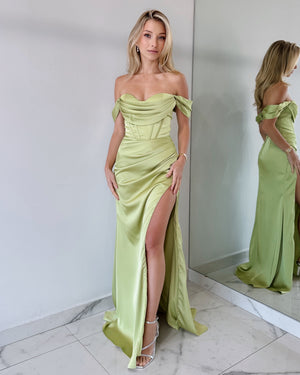 Light Green Strapless Off Shoulder Gown Dress