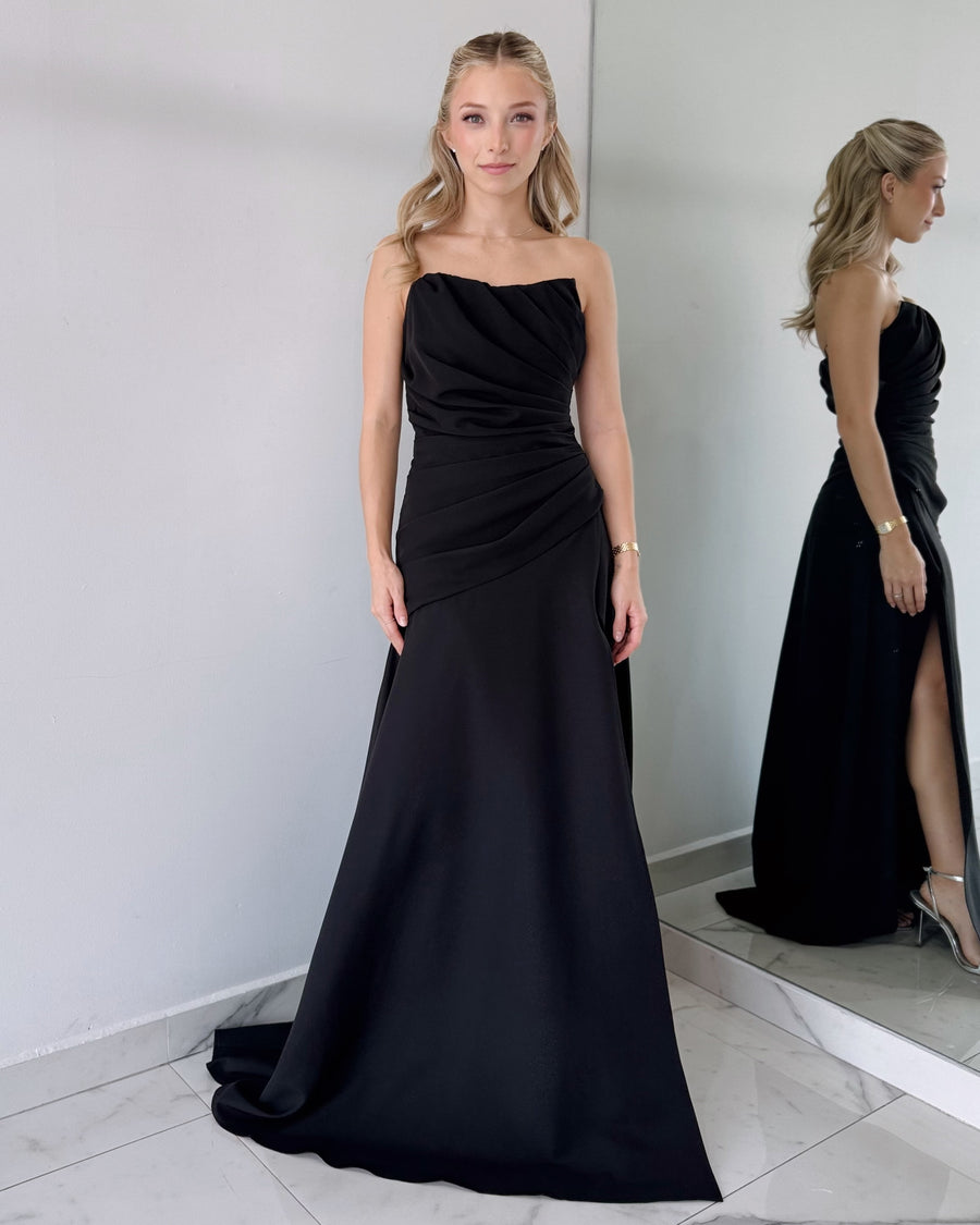 Black Strapless Open Leg Detail Gown Dress