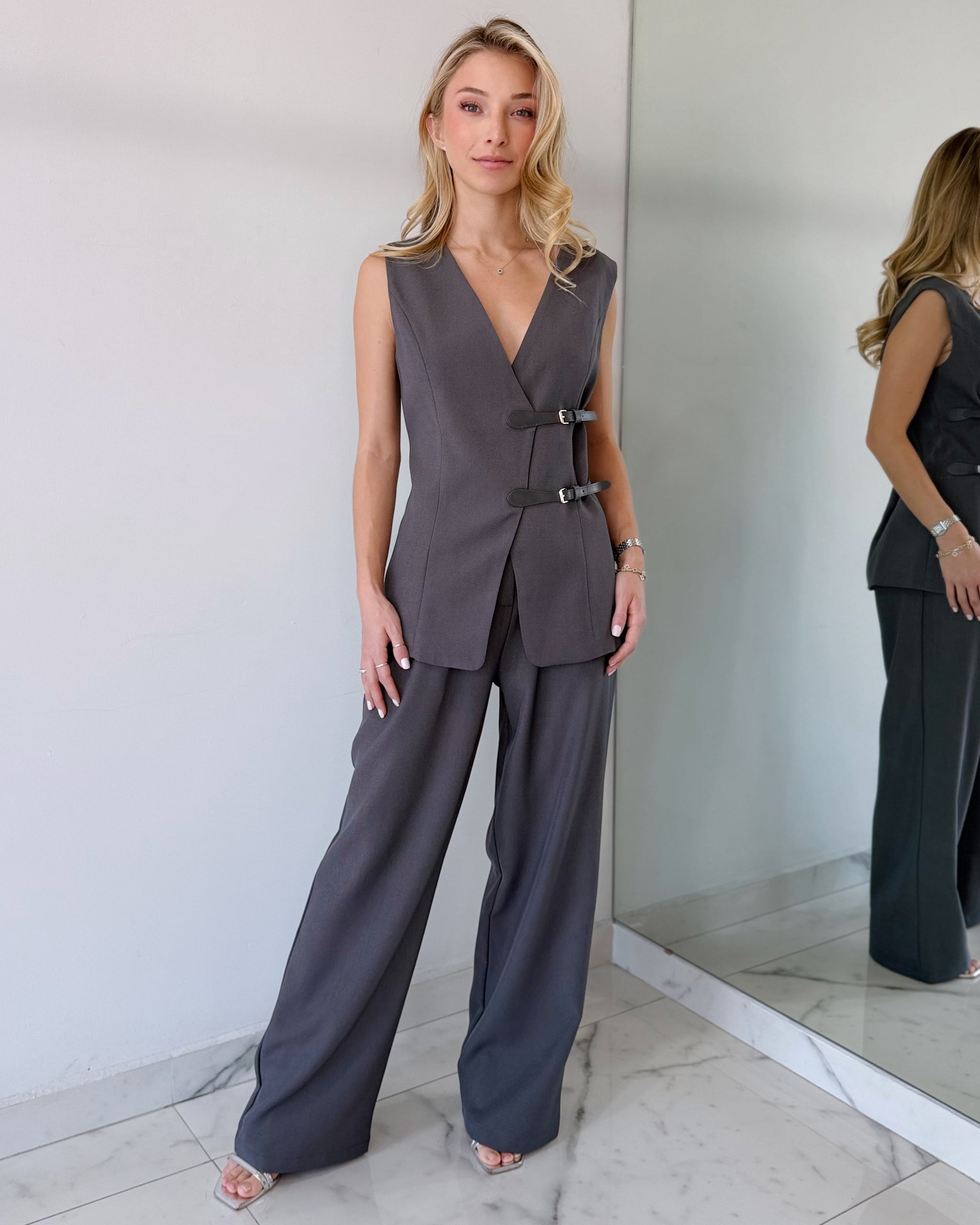 Grey Detail Top + Pant Two Piece Set