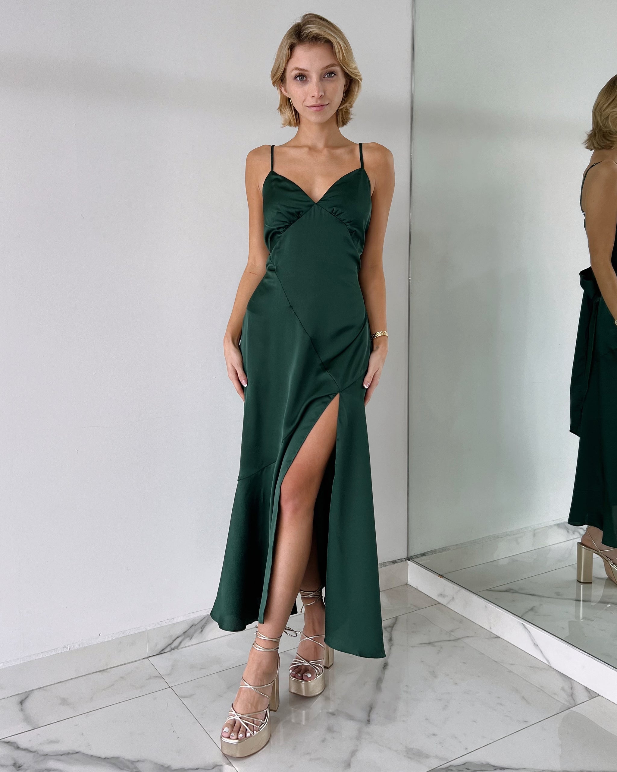 Forest Green Silk Midi Dress - IKL BOUTIQUE Forest Green Silk Midi Dress - IKL BOUTIQUE