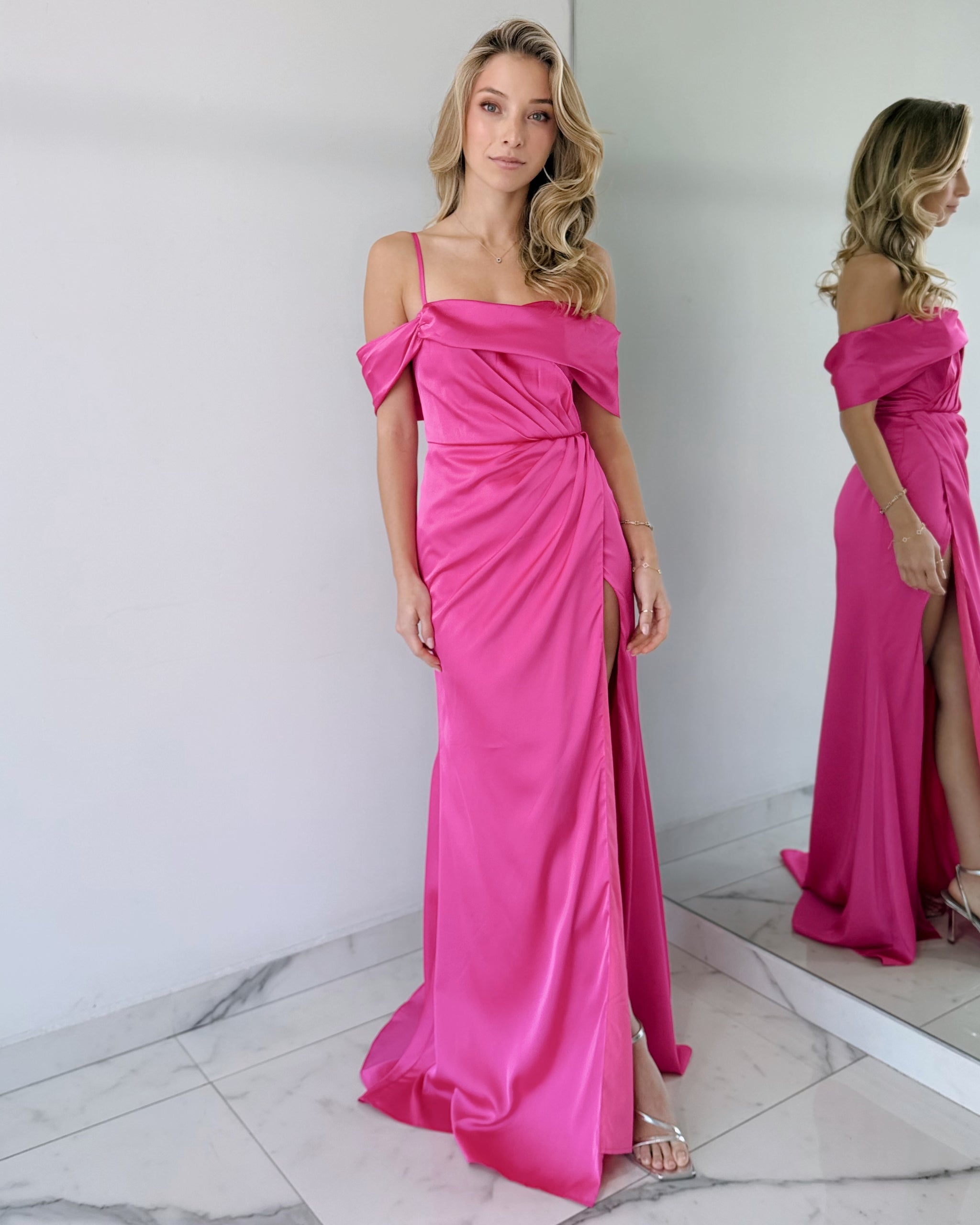 Magenta Off Shoulder Gown Dress