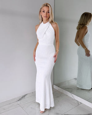 White Halter Neck Maxi Dress