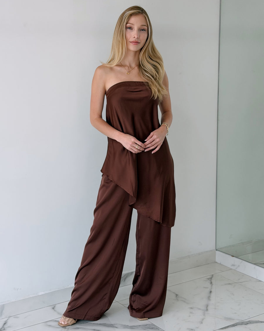 Coffee Chocolate Strapless Top + Pant Two Piece Set