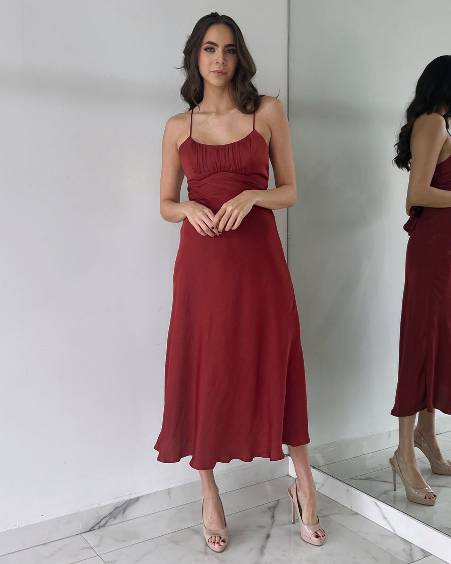Chocolate Pleated Front Midi Dress