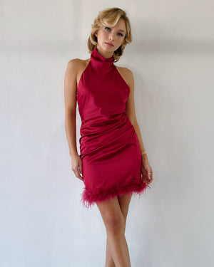 Hot Pink Feathers Halter Silk Mini Dress