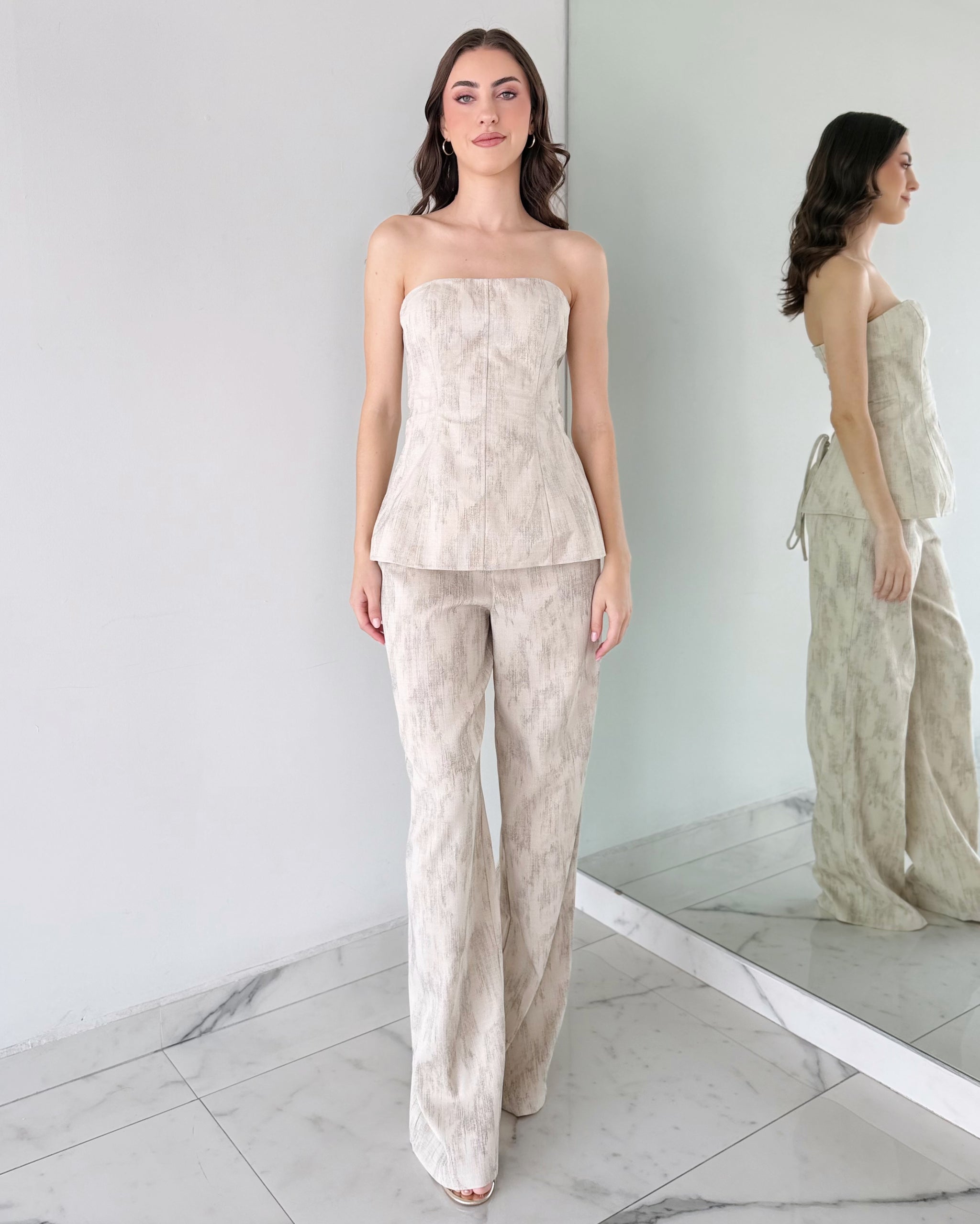 Nude Print Strapless Top + Pant Two Piece Set