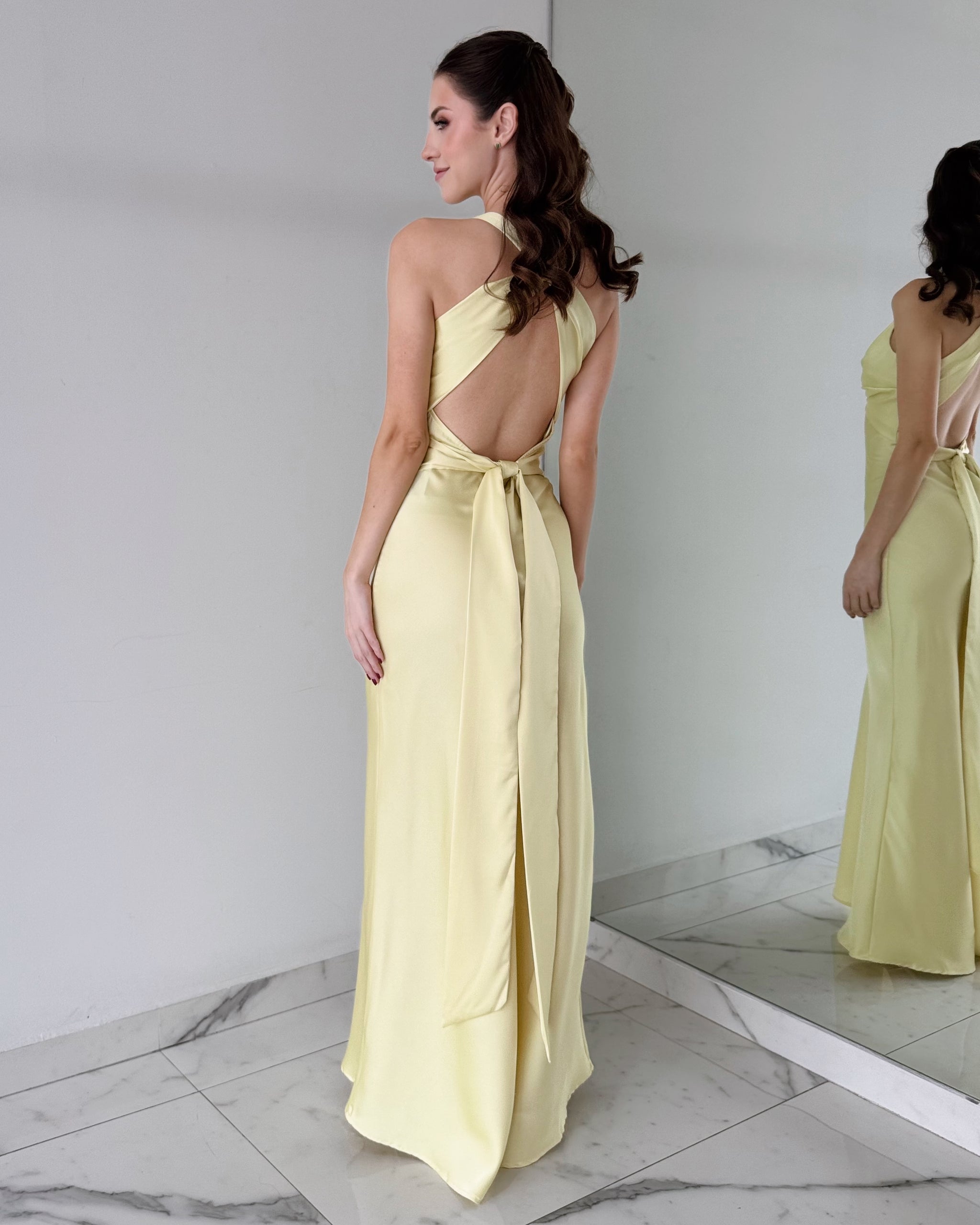 Butter Yellow Silk Open Back Maxi Dress - IKL BOUTIQUE Butter Yellow Silk Open Back Maxi Dress - IKL BOUTIQUE