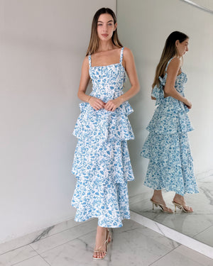 Baby Blue Floral Ruffle Maxi Dress