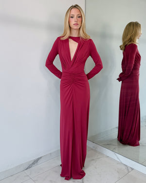 Wine V Neck Long Sleeve Gown Dress
