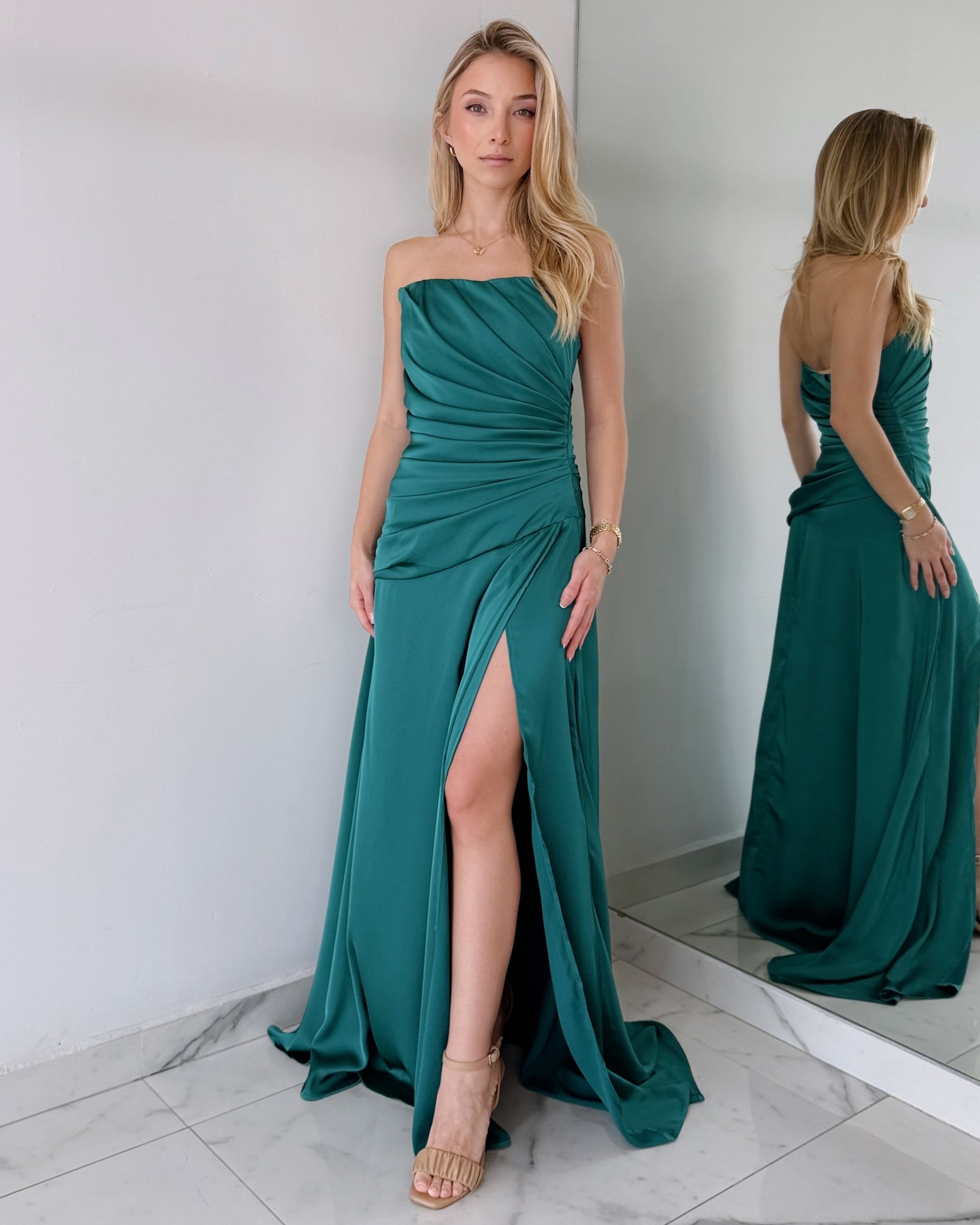 Green Emerald Strapless Open Detail Gown Dress
