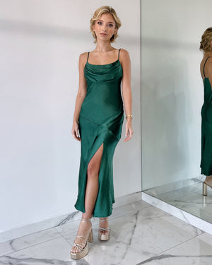 Forest Green Basic Silk Midi Dress