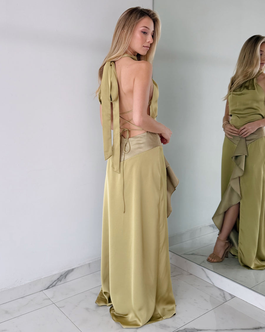 Olive Green Ruffle Gown Dress