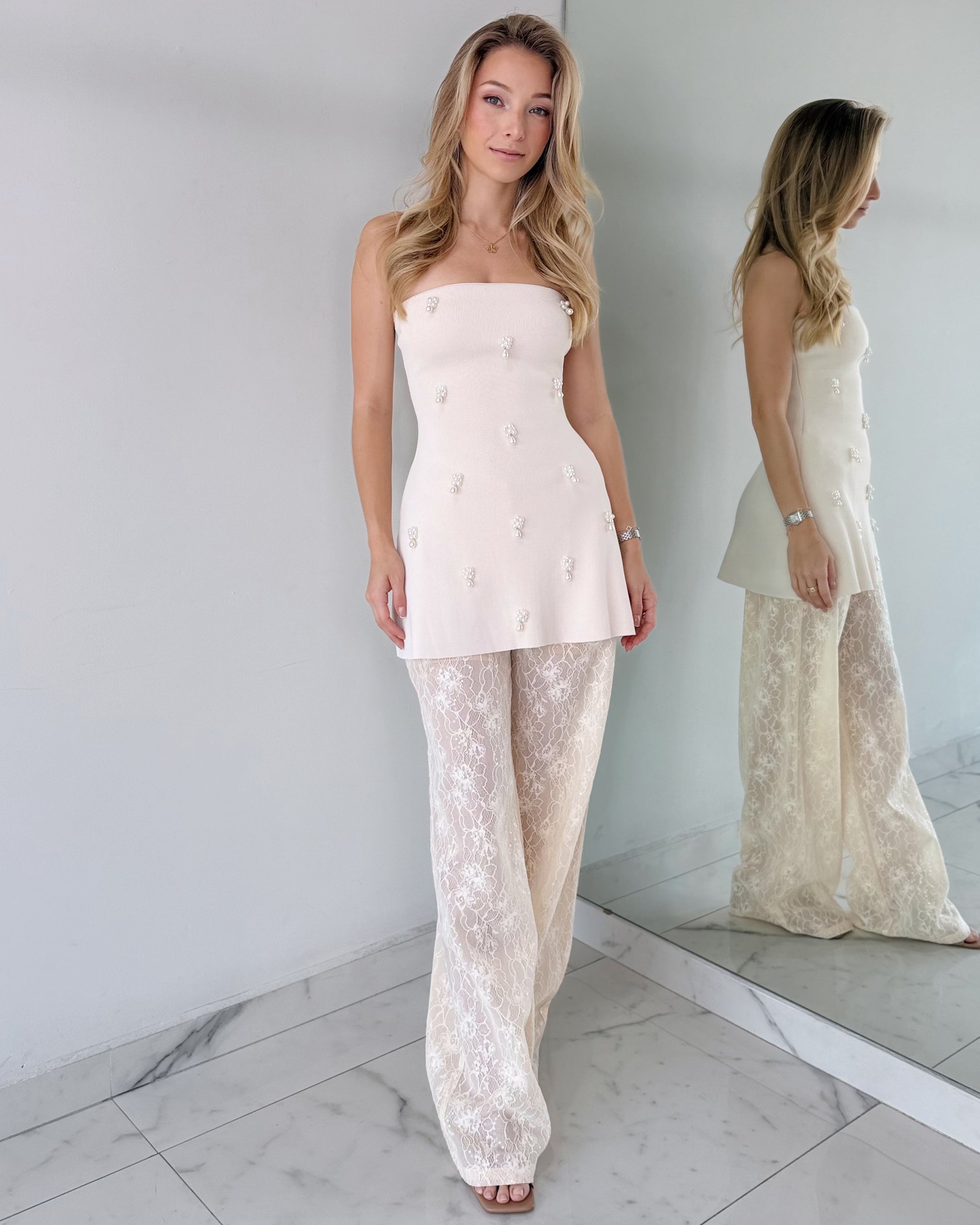Nude Strapless Detail Top + Pant Two Piece Set