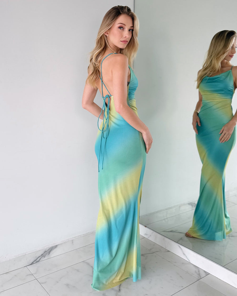 Aqua Yellow Print Open Back Gown Dress
