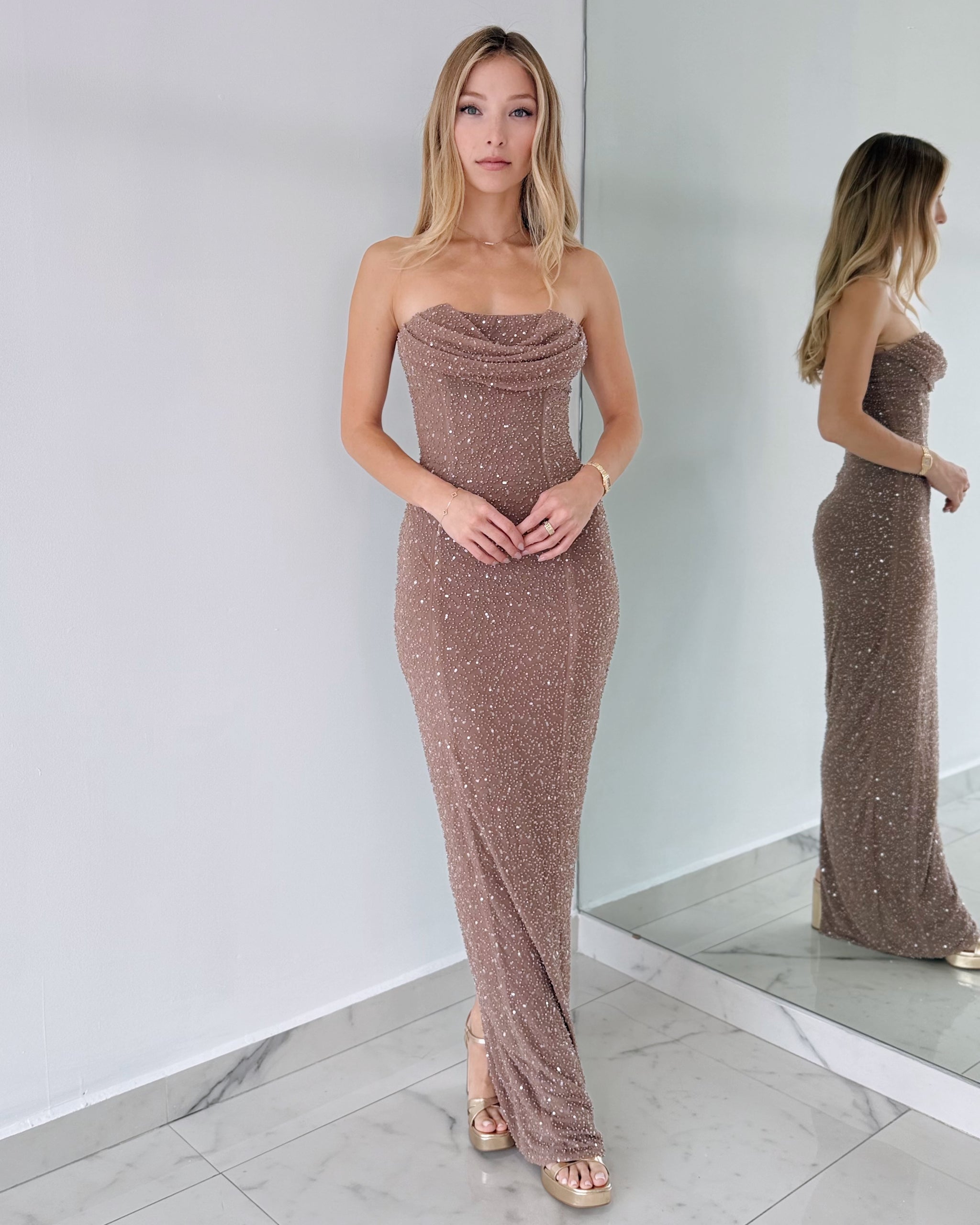 Mocha Coffee Strapless Pearl Maxi Dress