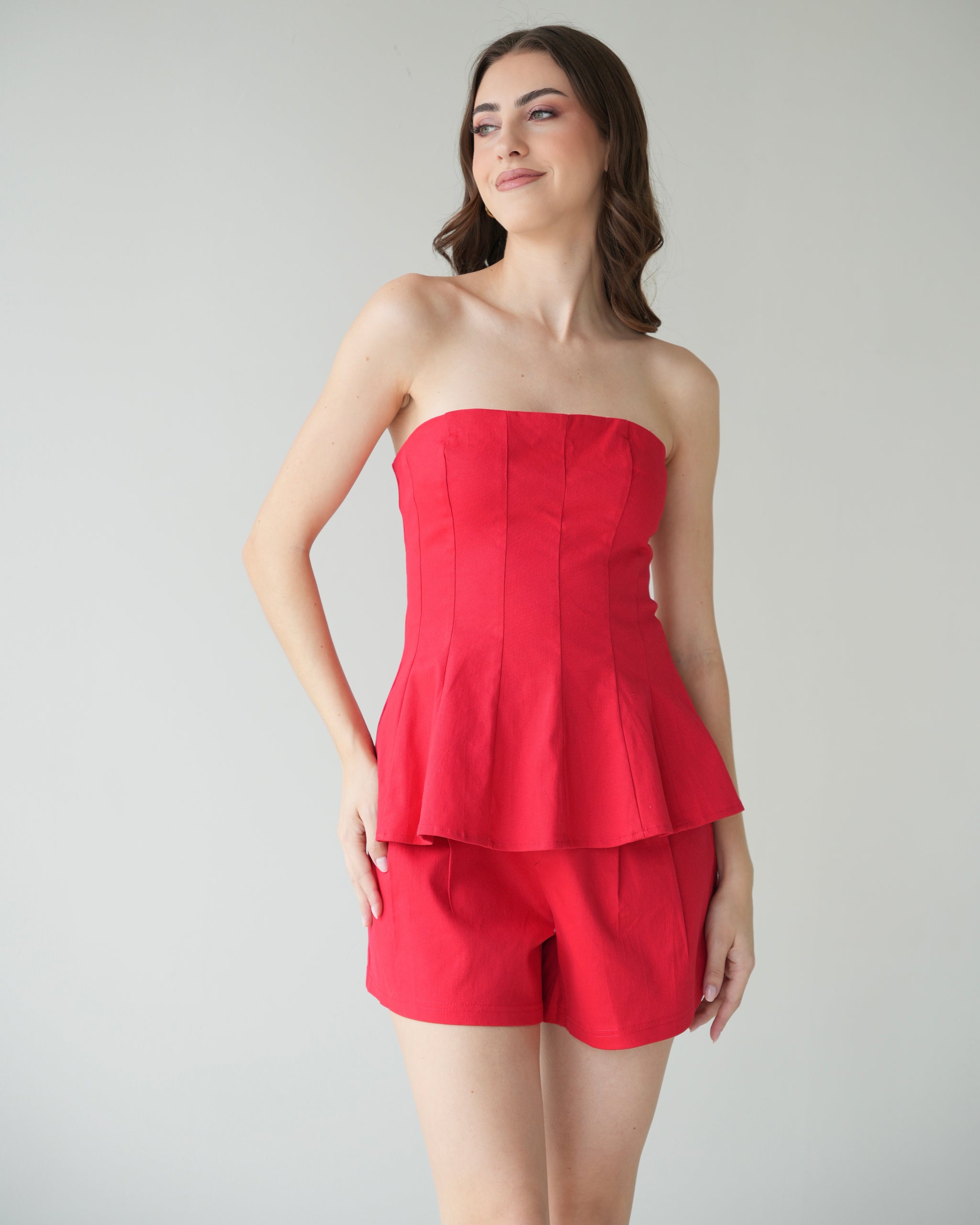 Red Strapless Top + Short Two Piece Set