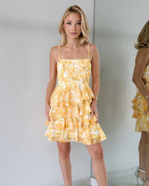 Yellow Floral Ruffle Mini Dress