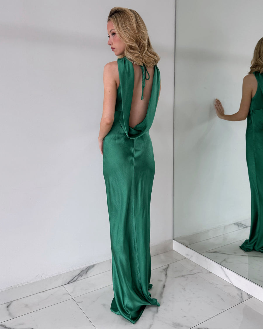 JY25153 Green Open Back Silk Gown Dress