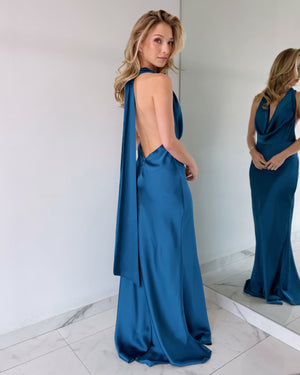 Blue Teal Halter Open Back Gown Dress