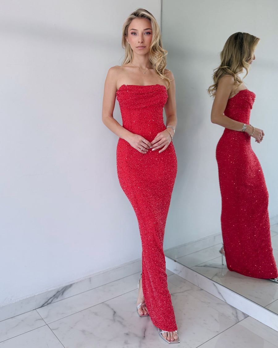 Red Strapless Pearl Gown Dresss
