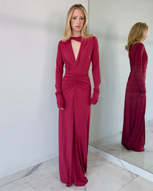 Wine V Neck Long Sleeve Gown Dress