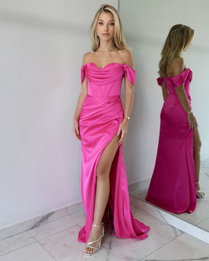 Pink Strapless Off Shoulder Gown Dress