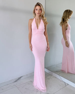 Pink Pearl Halter Open Back Gown Dress
