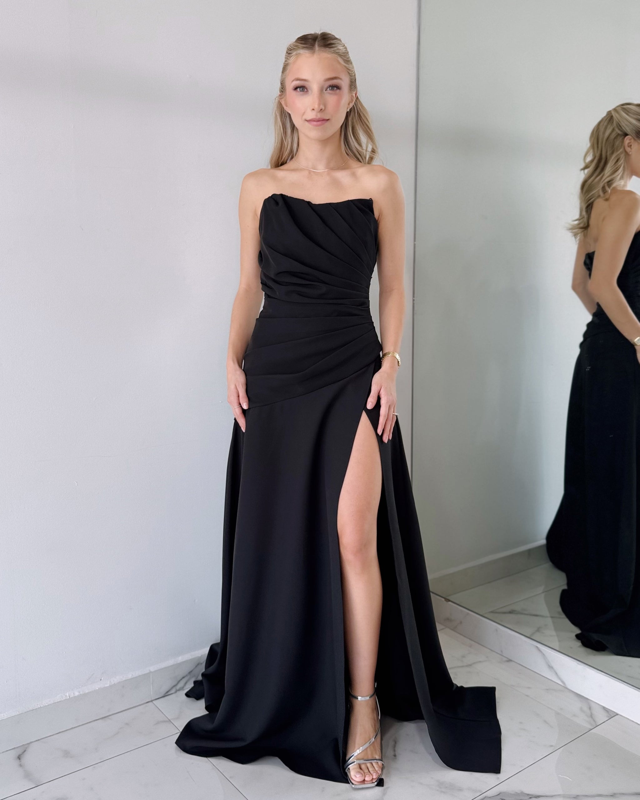 Black Strapless Open Leg Detail Gown Dress