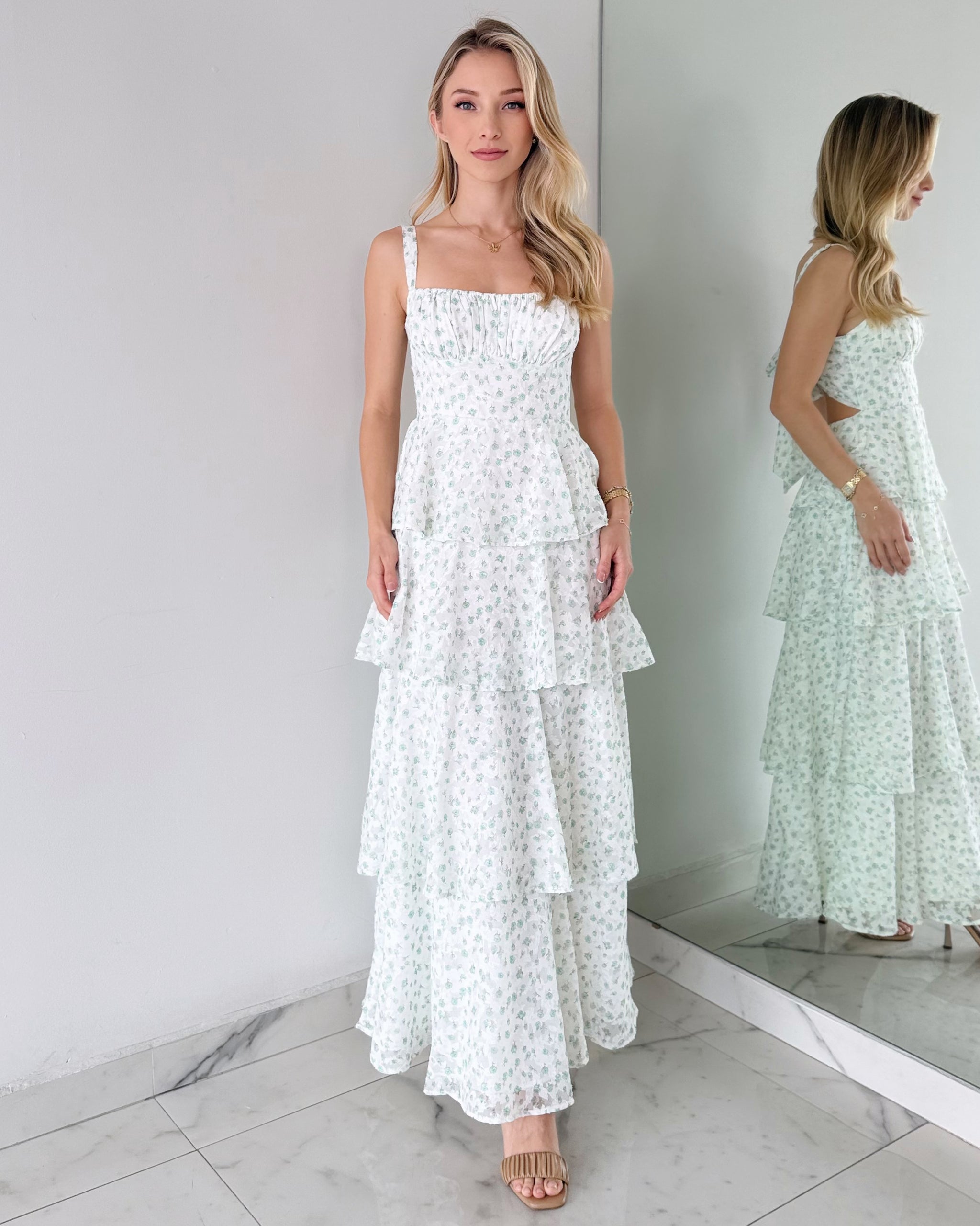 Mint Floral Print Ruffle Maxi Dress