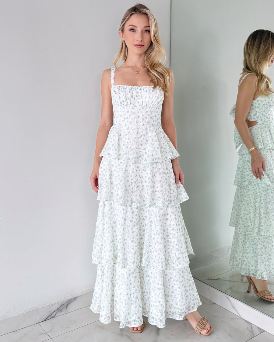 Mint Floral Print Ruffle Maxi Dress