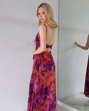 Magenta Print Open Back Maxi Dress