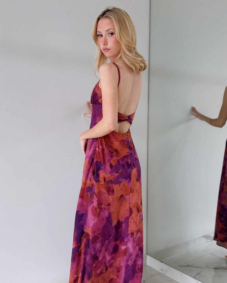 Magenta Print Open Back Maxi Dress