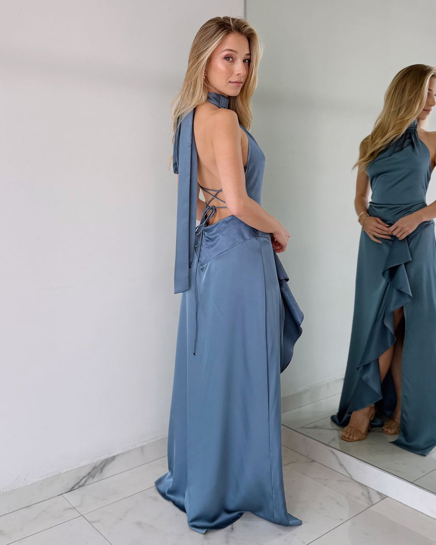 Blue Grey Ruffle Gown Dress