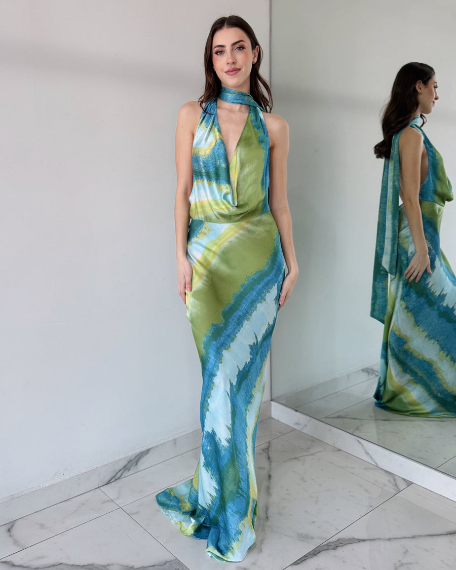 Blue Print Open Back Gown Dress