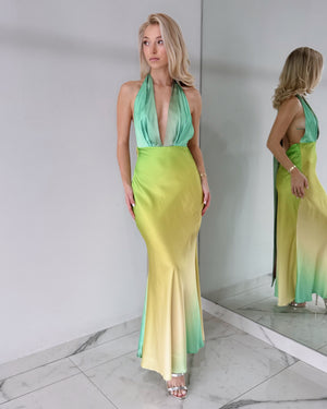 Blue Green V Neck Open Back Maxi Dress