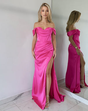 Pink Strapless Off Shoulder Gown Dress