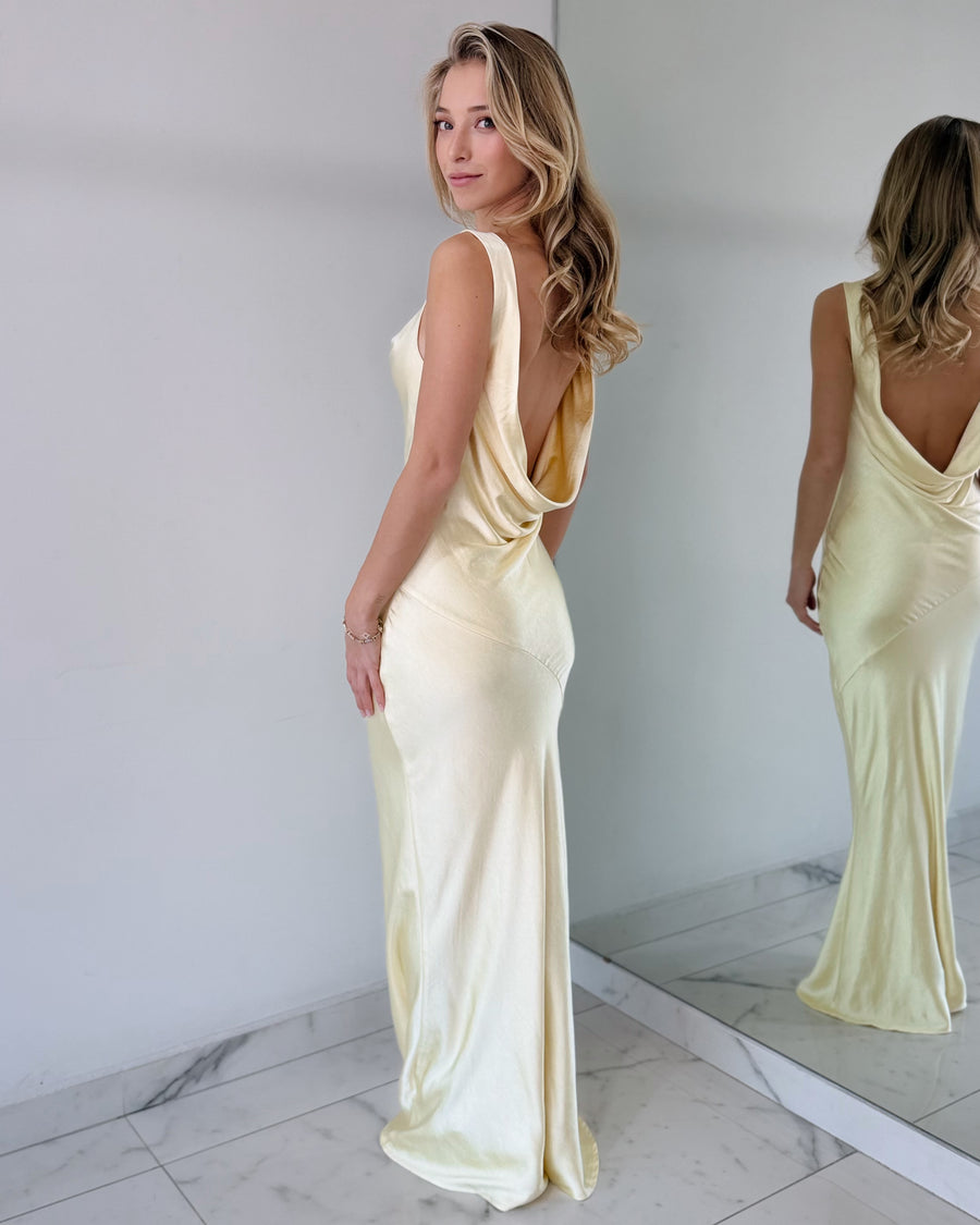 Butter Yellow Open Back Silk Gown Dress