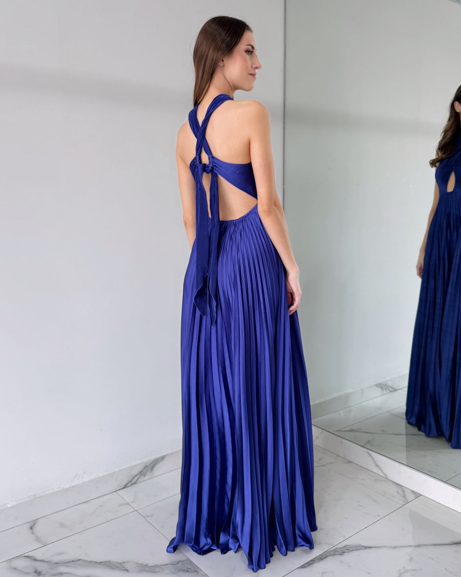 Blue Cross Pleated Gown Dress