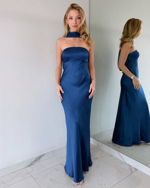 Blue Choker Open Back Maxi Dress