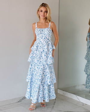 Baby Blue Floral Ruffle Maxi Dress