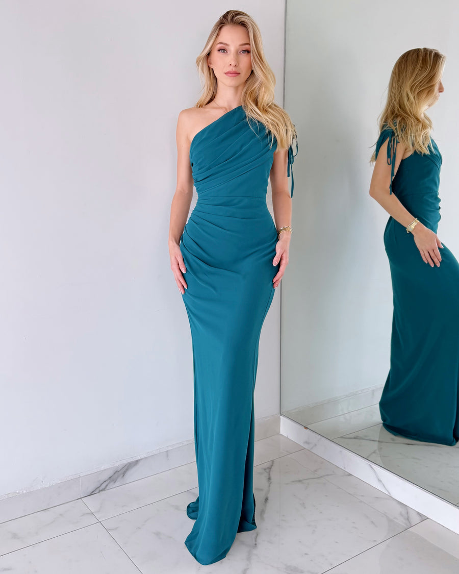 Blue Teal One Shoulder Gown Dress