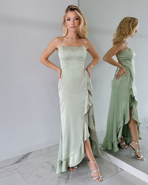 Baby Green Sage Ruffle Open Back Maxi Dress