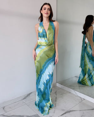 Blue Print Open Back Gown Dress