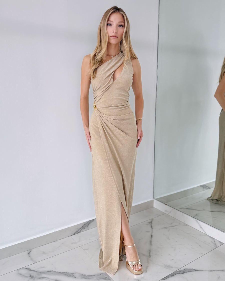 Nude Glitter One Shoulder Detail Gown Dress